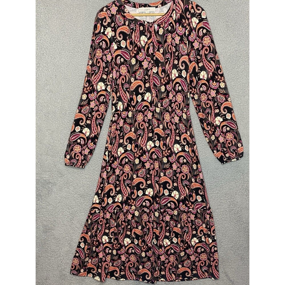 Loft Brown Boho Prairie Womens Keyhole Neck Tie Front LS Maxi Dress Sz M Stretch